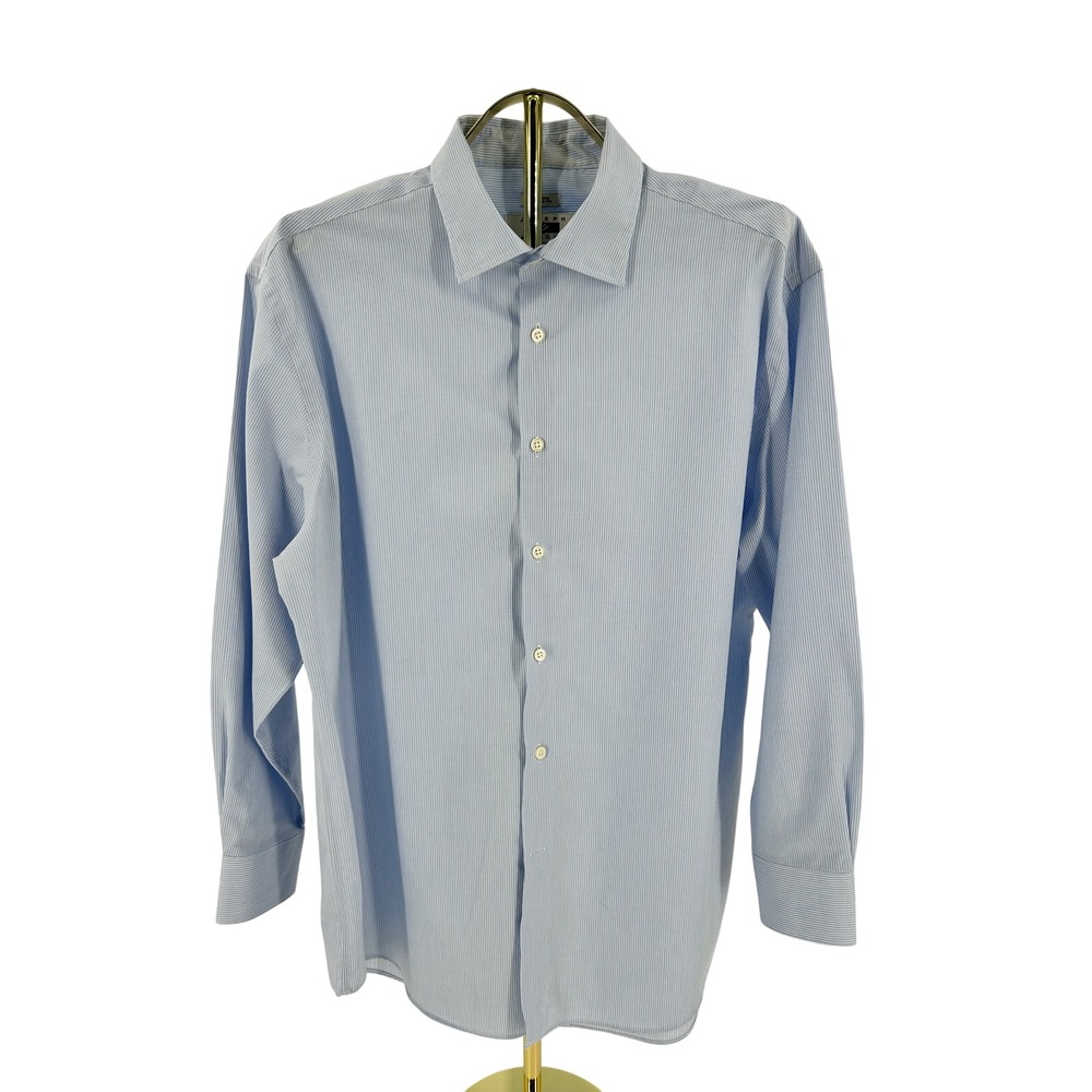 Joseph Abboud Mens Dress Shirt 17.5 32/33 Blue White Stripe Non-Iron Modern Fit